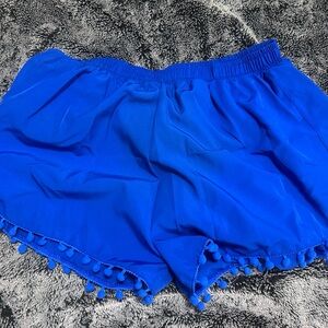 Blue Women's Shorts with Pom-Pom Trim